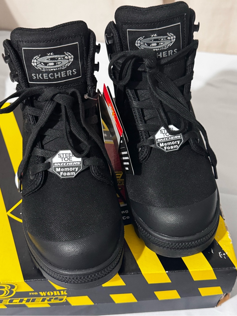 Skechers Black Lace-Up Work Boots with Memory Foam women shoes